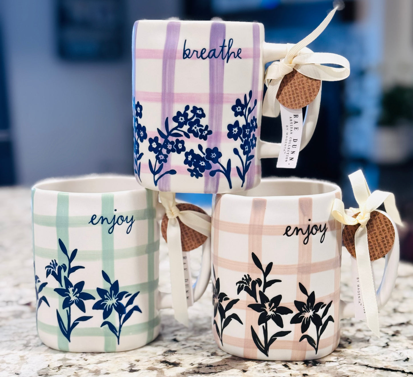 New Rae Dunn spring plaid 3-piece ceramic coffee mug set brown, green, purple