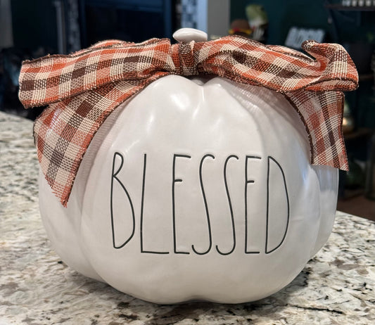 New Rae Dunn large white fall ceramic pumpkin decor BLESSED 11x10.5”