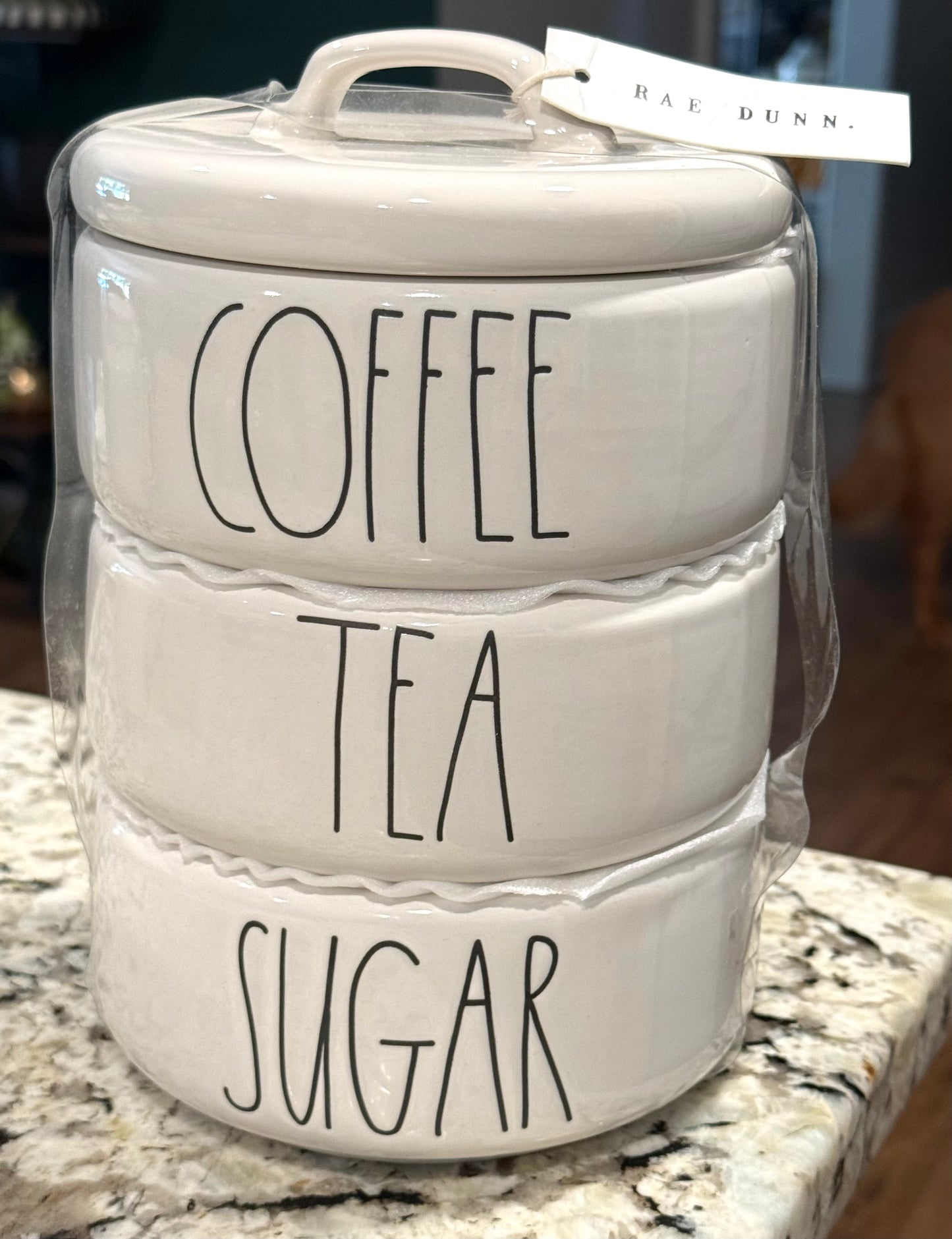 New Rae Dunn white ceramic storage stacker COFFEE SUGAR TEA 10”