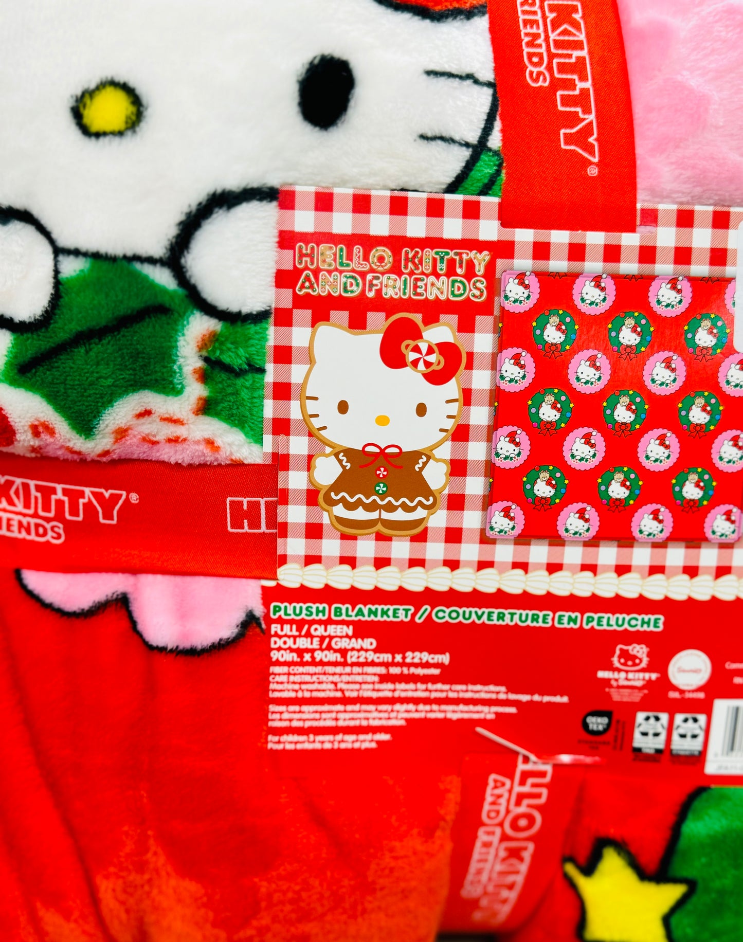 New Hello Kitty red teddy & wreath FULL-QUEEN 90x90 bedding blanket