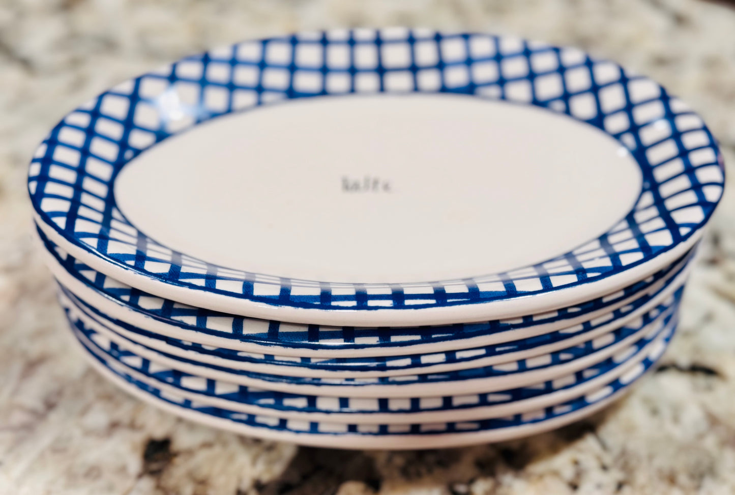 Rae Dunn 6-piece ceramic blue picnic print oval plate set 3 EAT & 3 TASTE