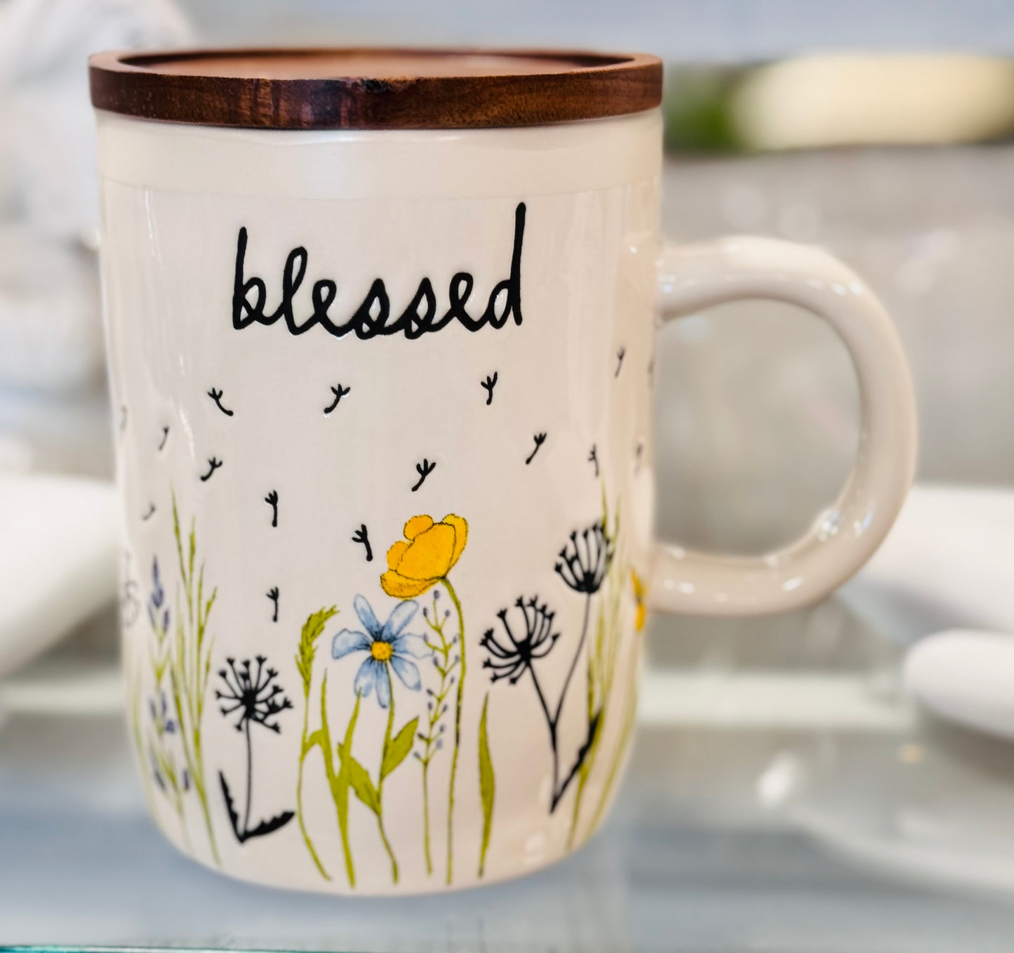 New Rae Dunn floral script ceramic coffee mug BLESSED