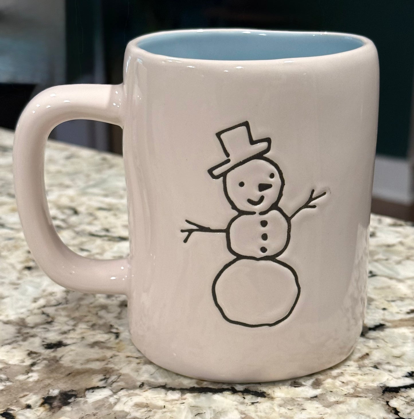 New Rae Dunn white ceramic Christmas decor coffee mug SNOW DAY - blue interior snowman on back
