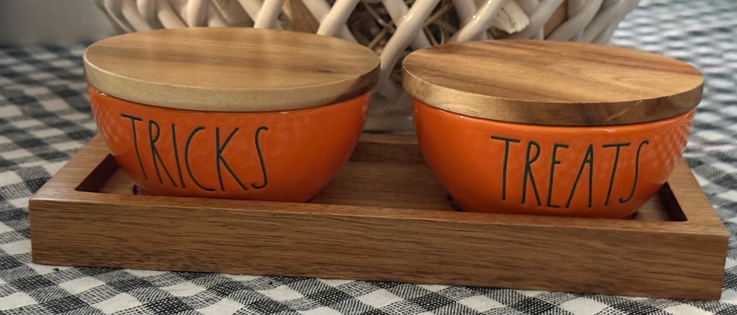 Rae Dunn orange ceramic Halloween decor ramekin bowl set TRICKS/TREATS