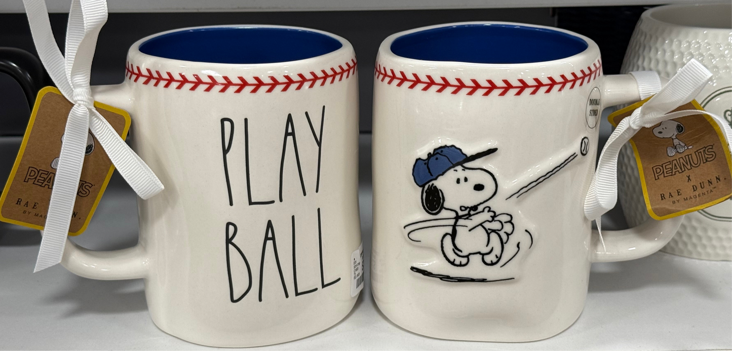 New Rae Dunn x Peanuts ceramic Snoopy coffee mug PLAY BALL