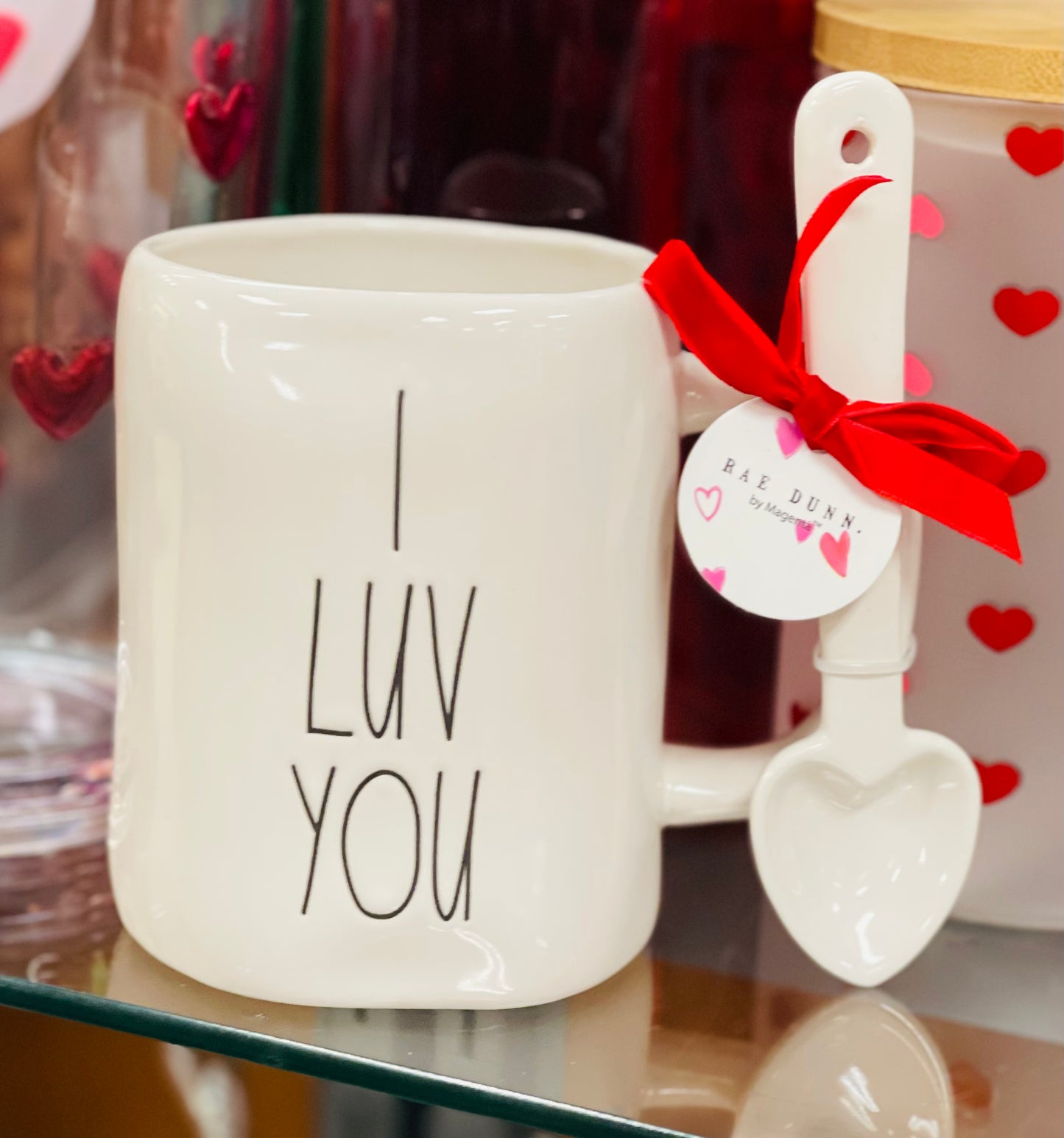 New Rae Dunn white ceramic coffee mug I LUV YOU heart spoon included