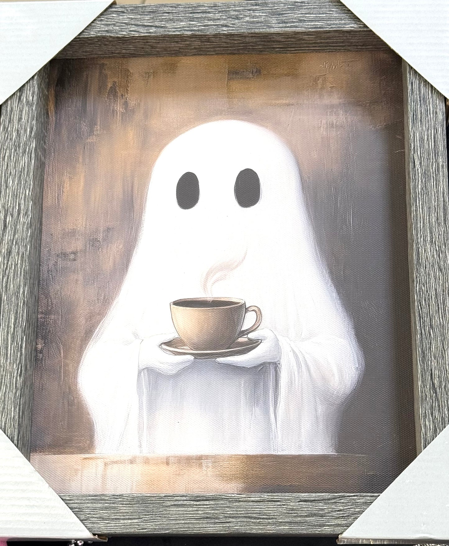 New Halloween ghost coffee decor gray wood framed photo 12x10