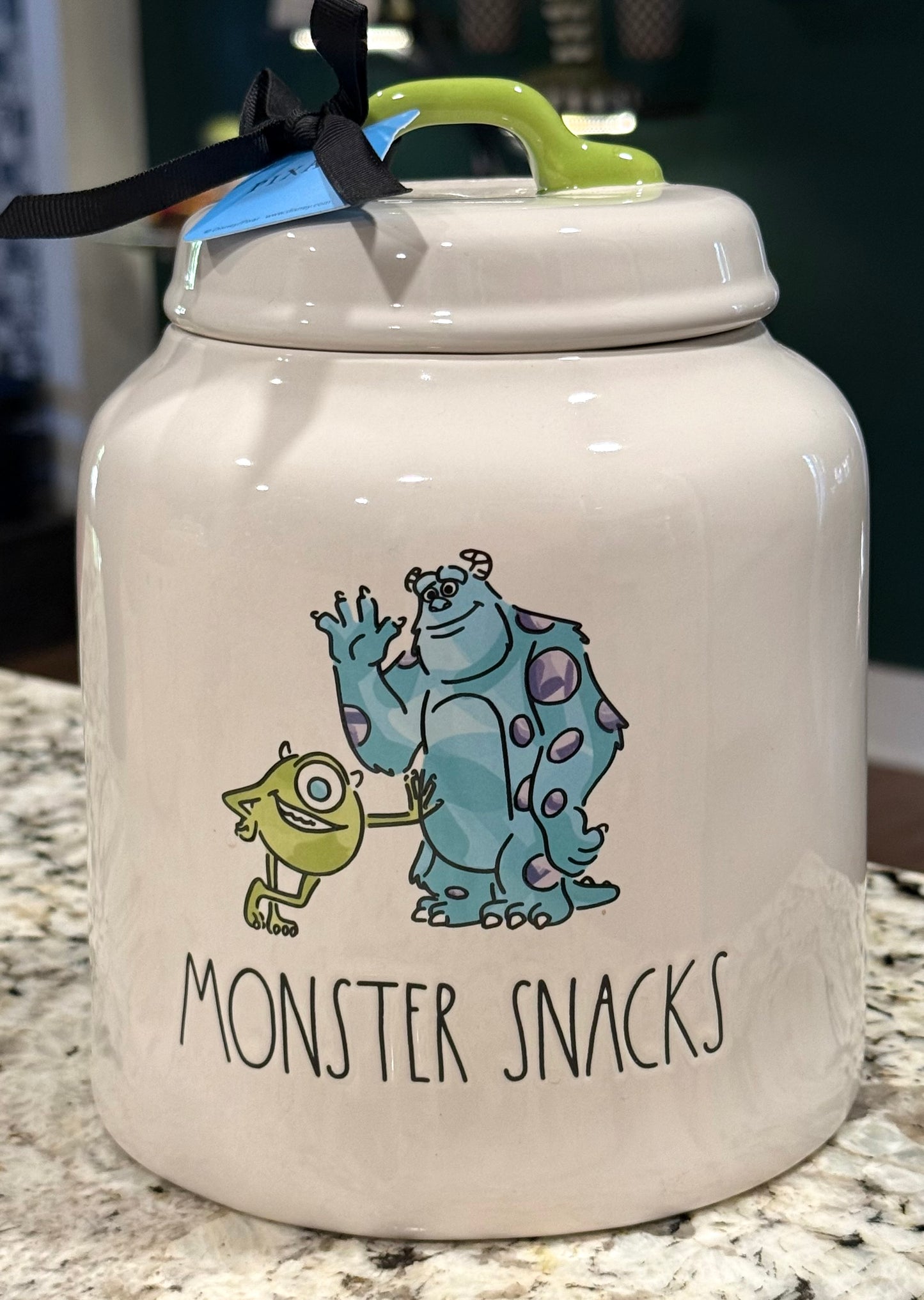 New Rae Dunn x Pixar’s Monsters Inc. white ceramic 8” cookie jar canister MONSTER SNACKS