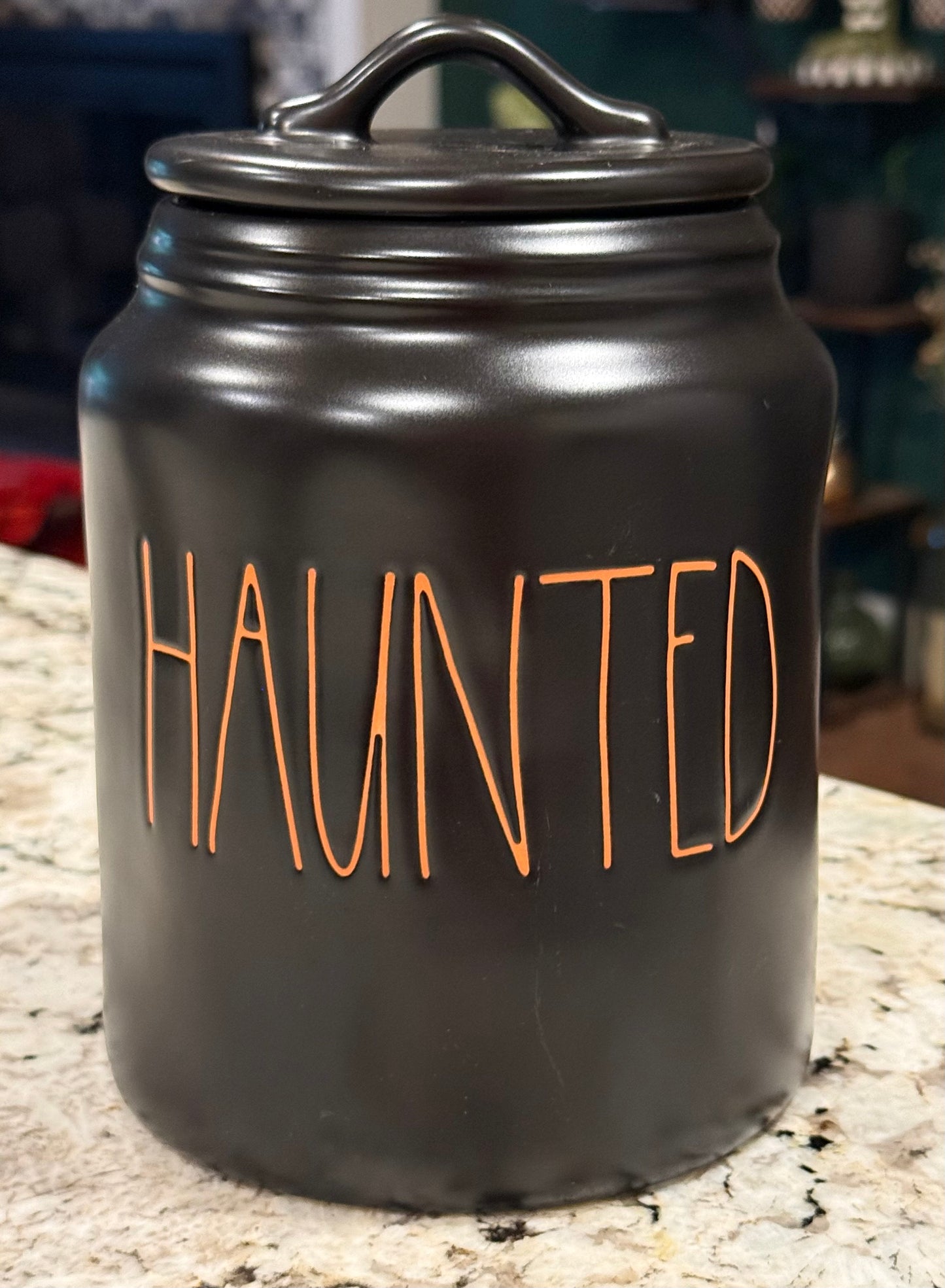 New Rae Dunn black ceramic Halloween decor canister 8” HAUNTED