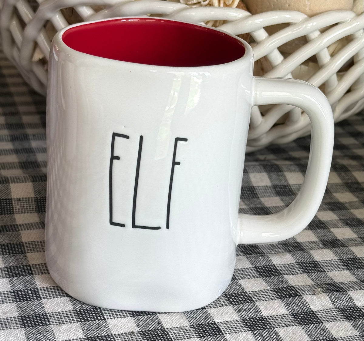 New Rae Dunn white ceramic Christmas mug red interior, ELF