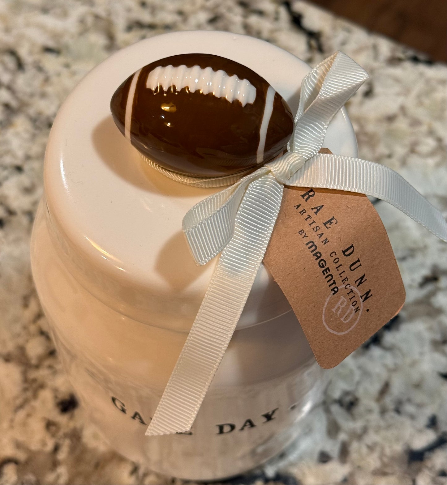New Rae Dunn 7”‘ceramic GAME DAY football topped canister