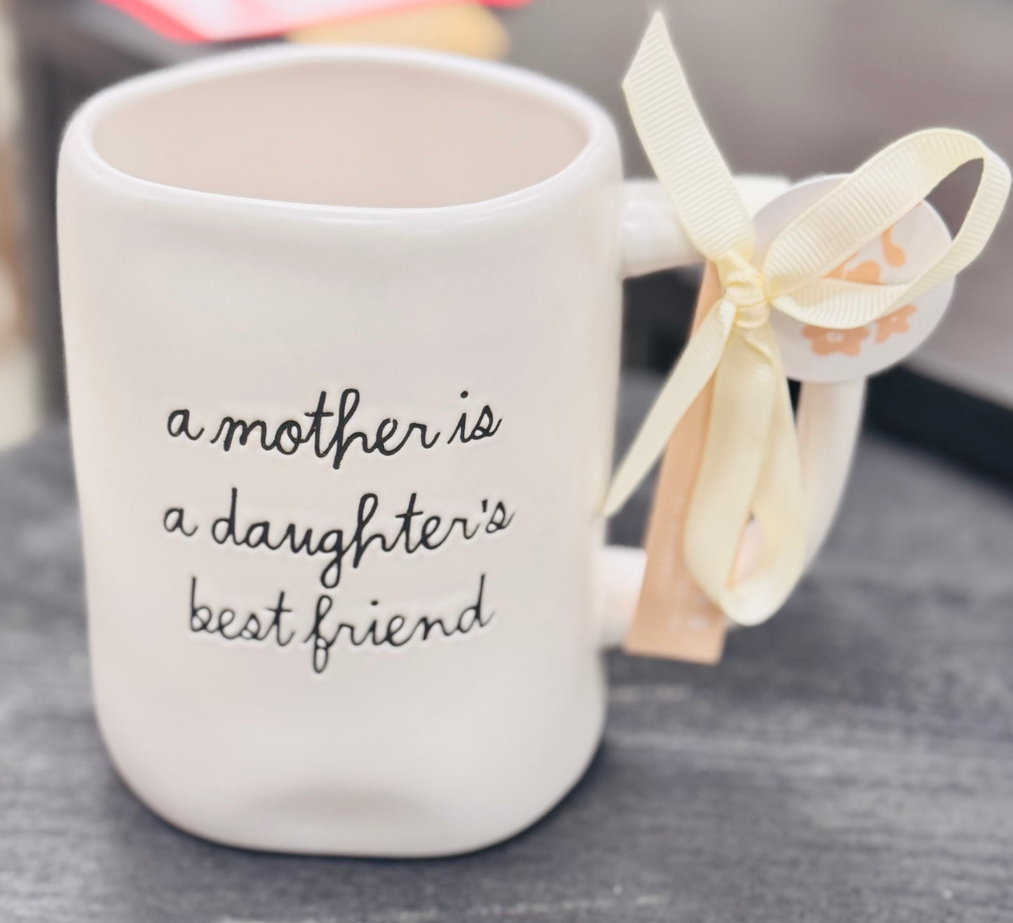 New Rae Dunn white ceramic script coffee mug A MOTHER IS A DAUGHTER’S BEST FRIEND