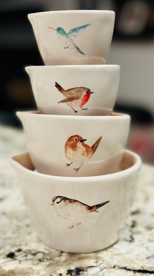 New Spring Rae Dunn white ceramic Bird print measuring cup set