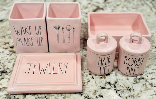 Rae Dunn 5-piece pink ceramic bathroom accessories set JEWERLY, HAIR TIES & BOBBY PINS, WAKE UP/MAKE UP, BRUSHES HOLDER