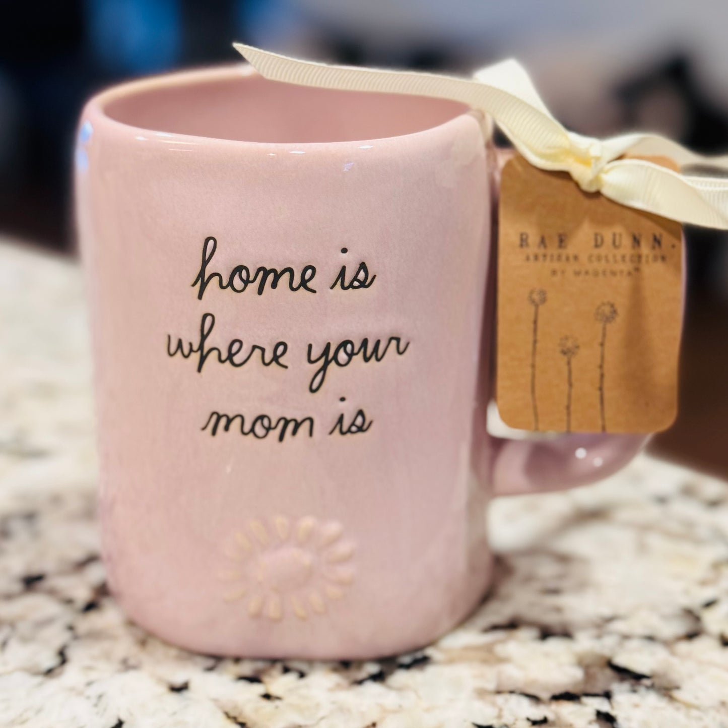 New Rae Dunn pink ceramic floral HOME IS WHERE MOM IS coffee mug