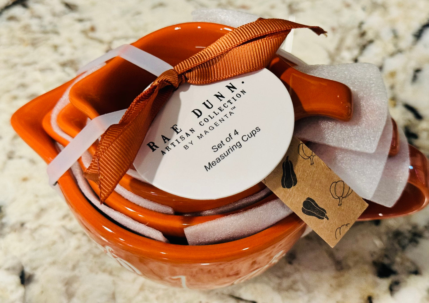 New Rae Dunn orange fall ceramic pumpkin engraved measuring cup set