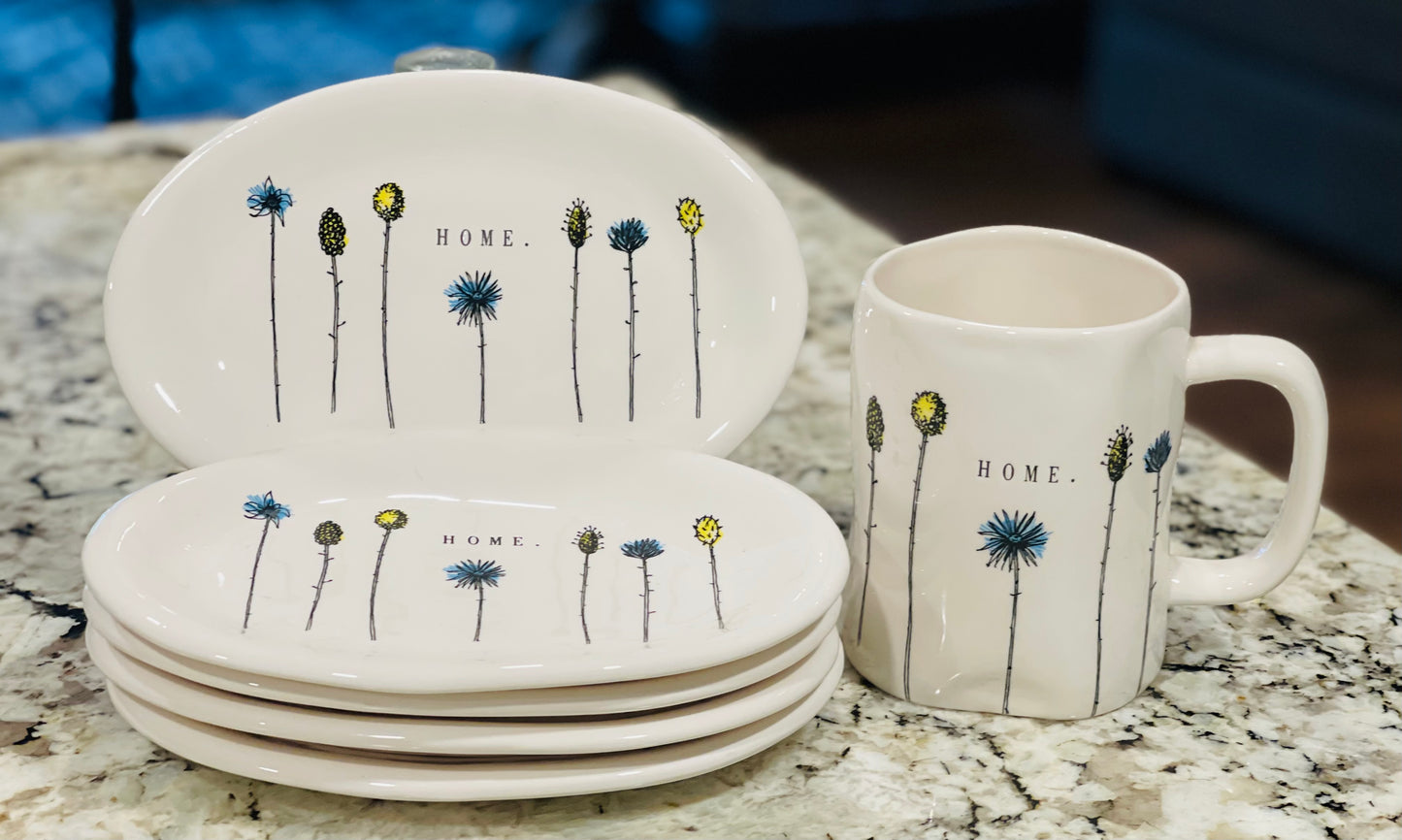 6-piece Rae Dunn white oval floral ceramic HOME plate (5) & mug set