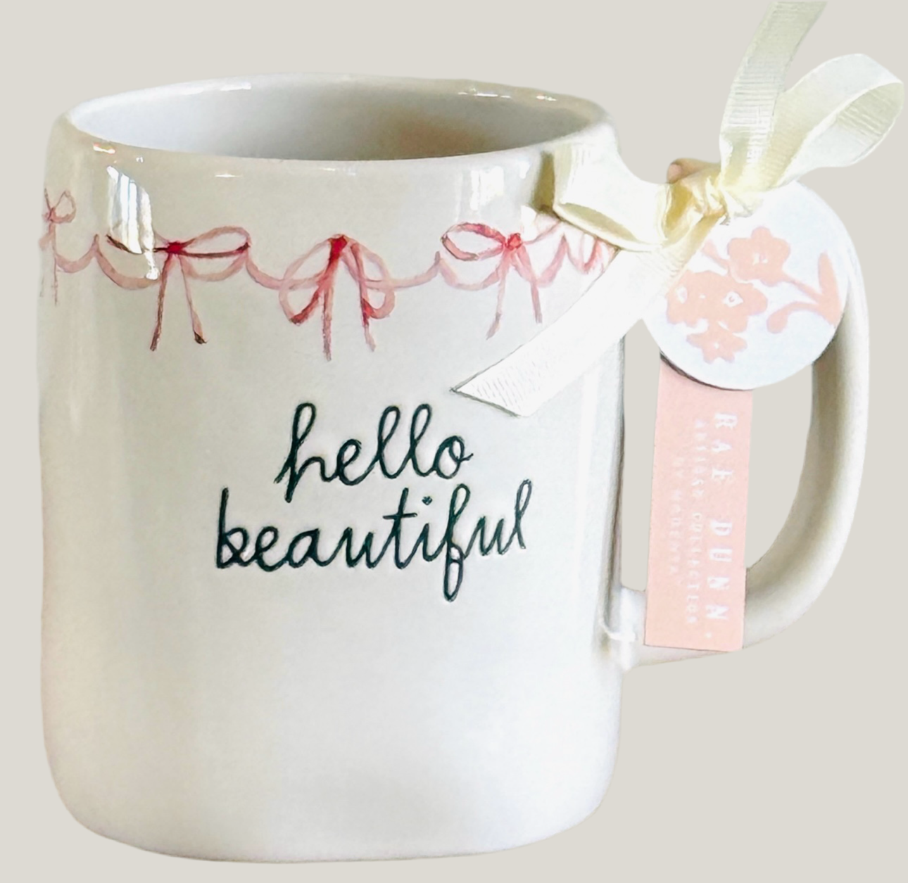 New Rae Dunn white ceramic coquette trimmed coffee mug HELLO BEAUTIFUL