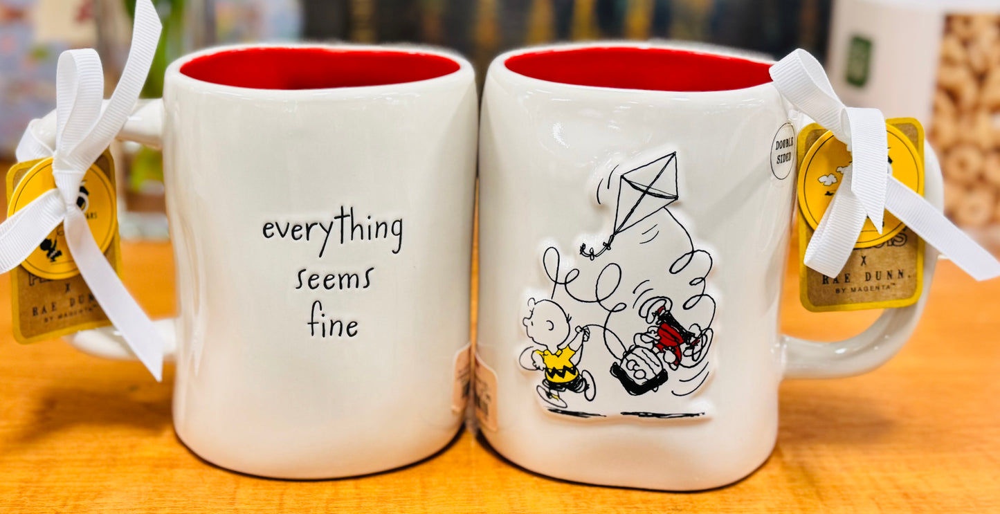 New Rae Dunn x Peanuts ceramic Snoopy line coffee mug EVERYTHING SEEMS FINE