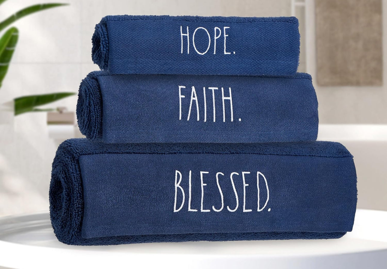 New Rae Dunn 6-piece navy blue embroidered bathroom bath towel set BLESSED.