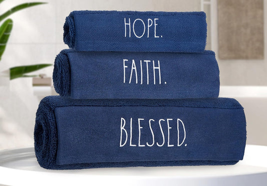 New Rae Dunn 6-piece navy blue embroidered bathroom bath towel set BLESSED.