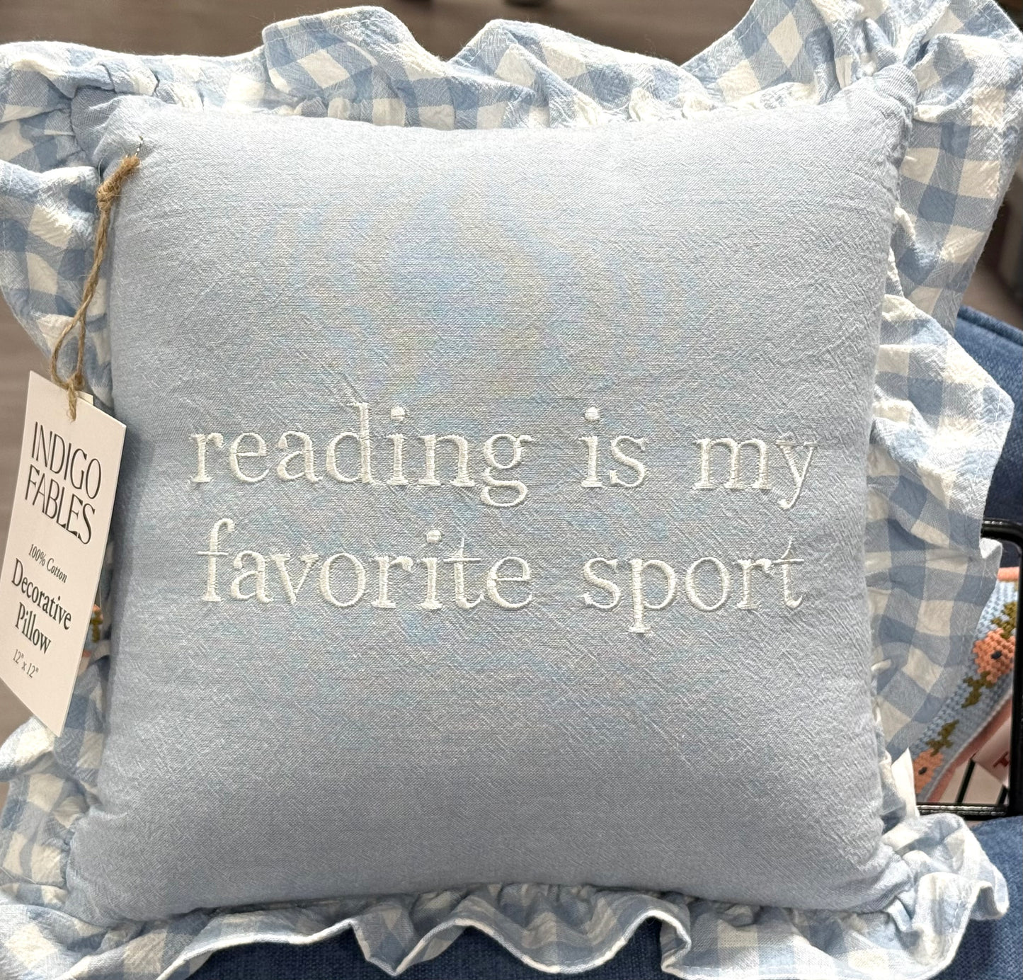 New blue gingham ruffled throw pillow 12x12 READING IS MY FAVORITE SPORT