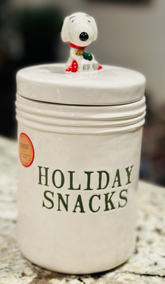 New Rae Dunn x Peanuts Snoopy ceramic HOLIDAY TREATS topped canister storage jar