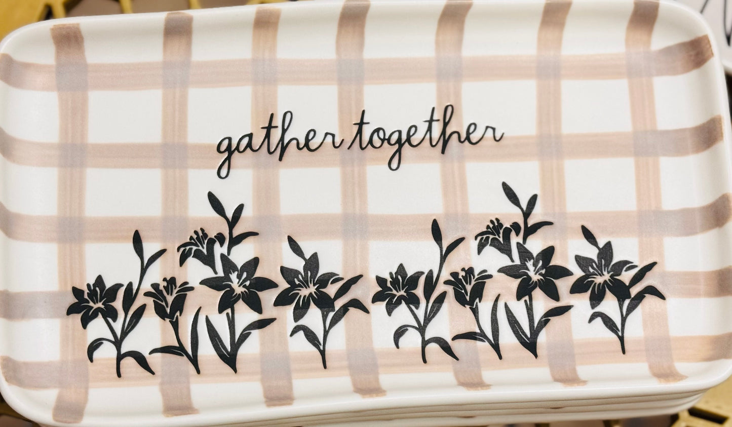 New Rae Dunn checkered Taupe GATHER TOGETHER script plate