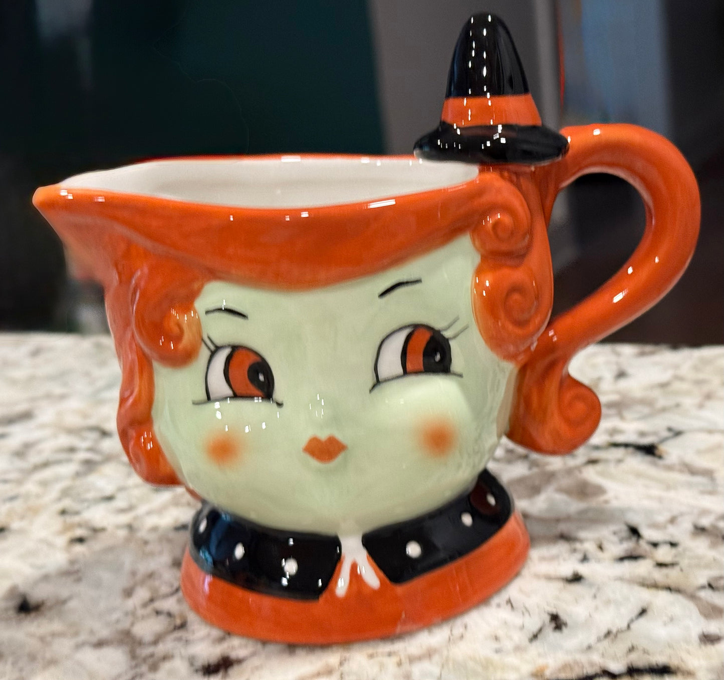 New Joanna Parker ceramic Halloween cream pitcher orange haired witch lady