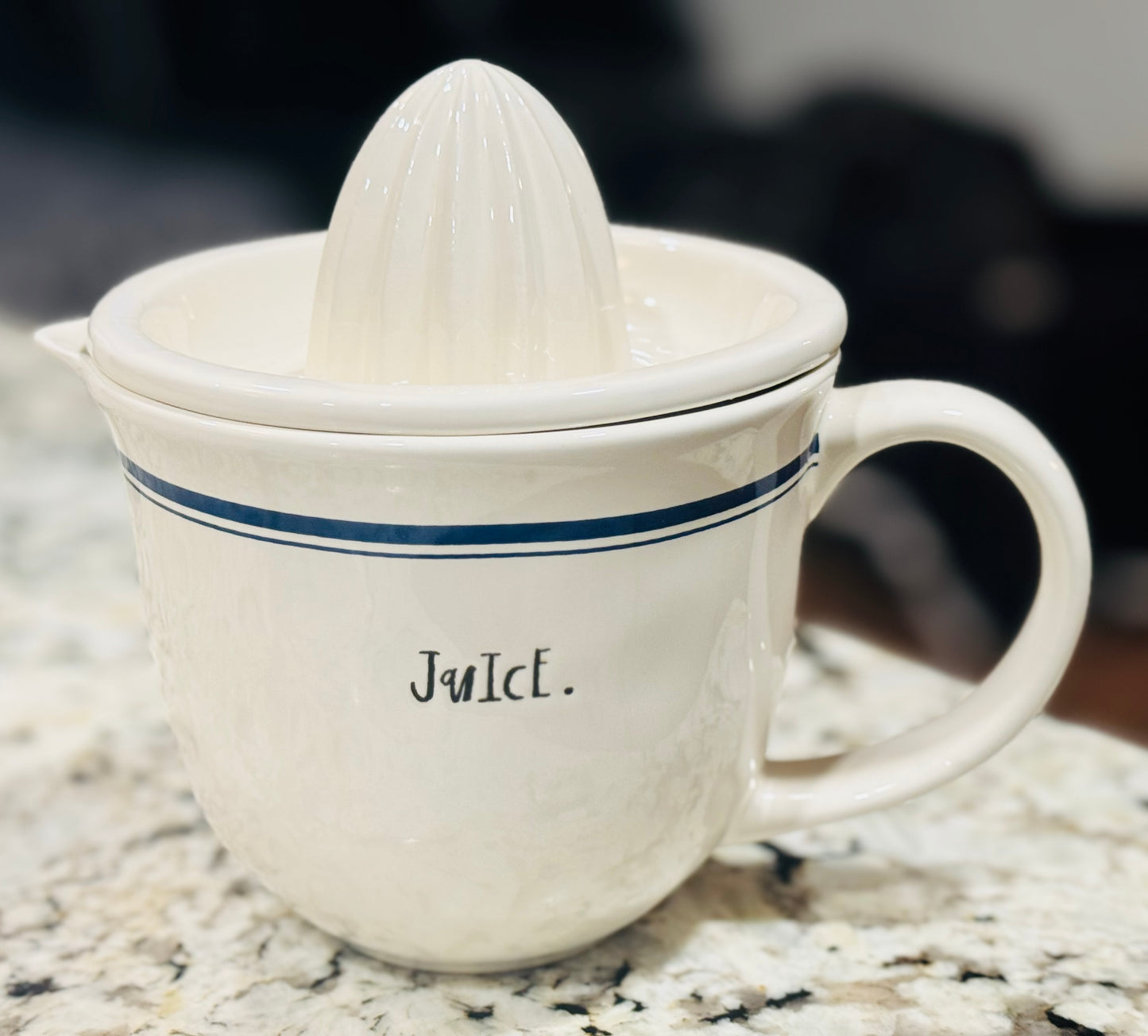 Rae Dunn blue line ceramic juicer JUICE
