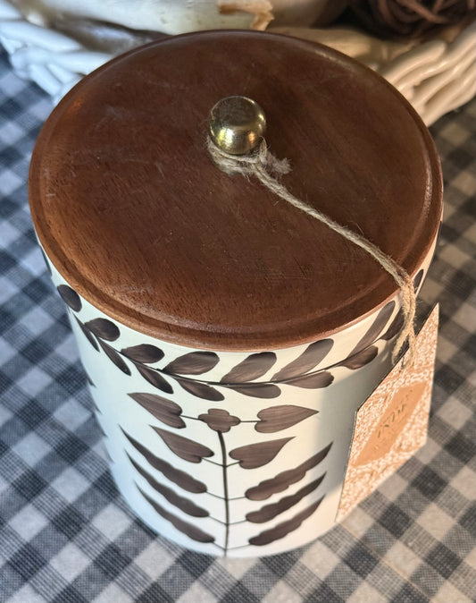 New brown floral Made in India ceramic 7” canister wood lid