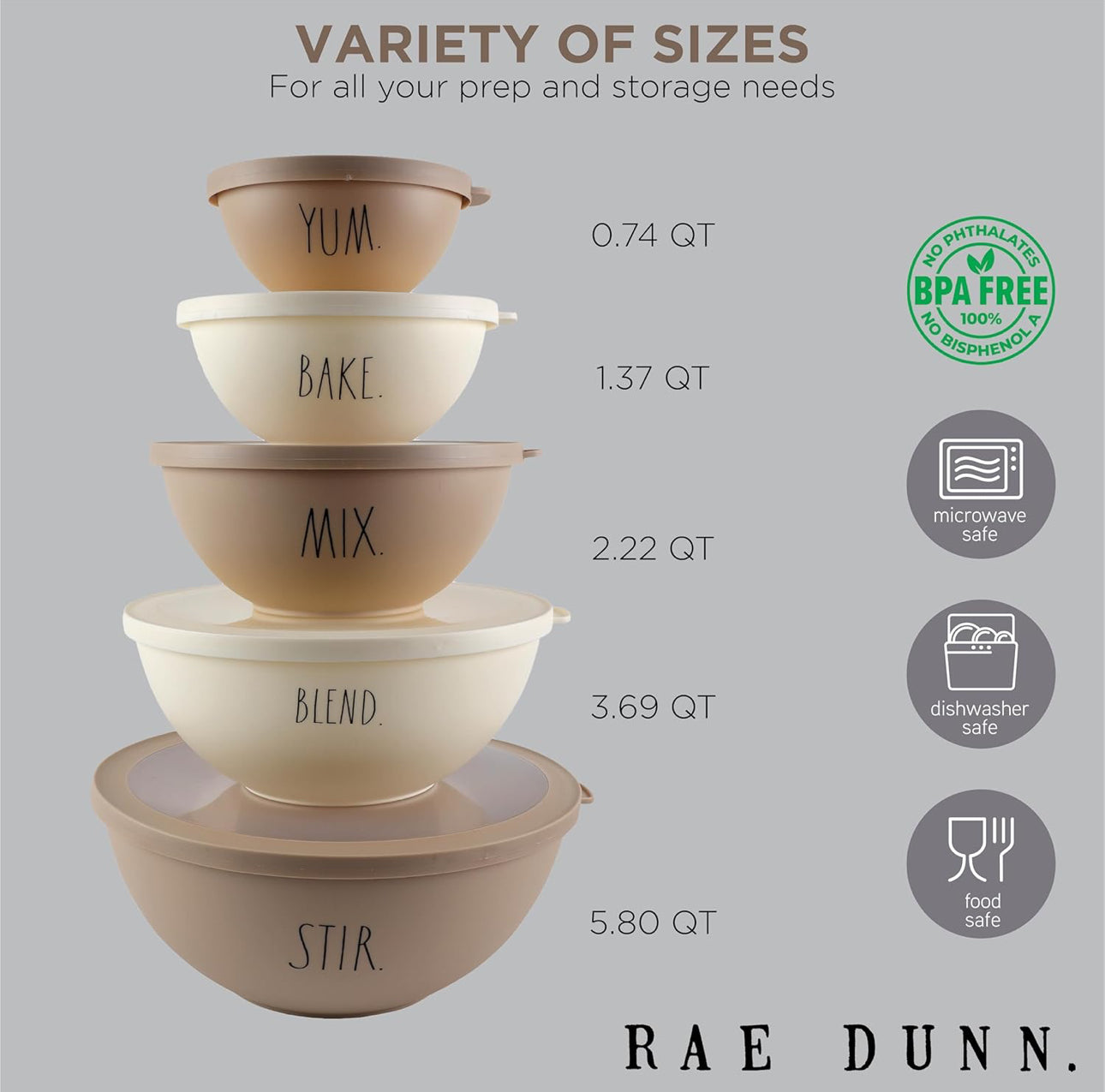 New Rae Dunn 10-piece plastic nesting mixing bowl set with lids Brown, Ivory, Beige