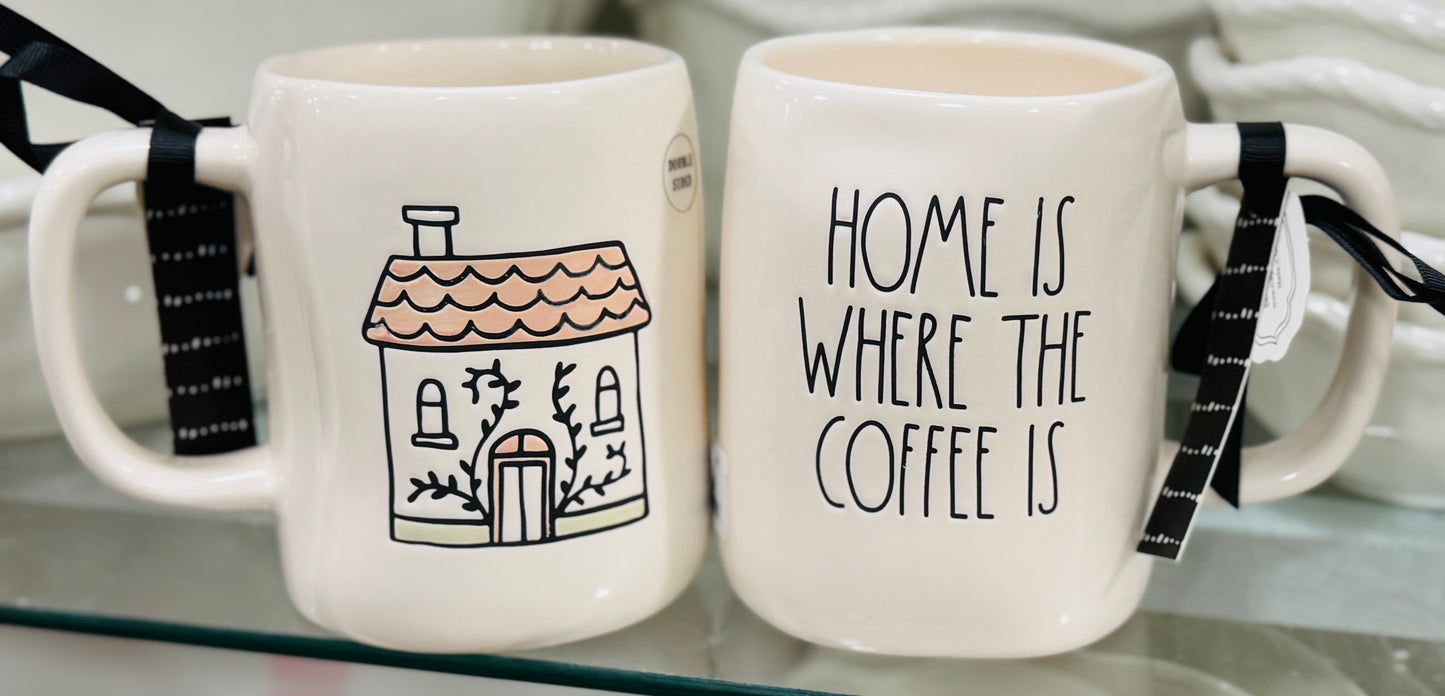 New Rae Dunn white ceramic coffee mug decor HOME IS WHERE THE COFFEE IS