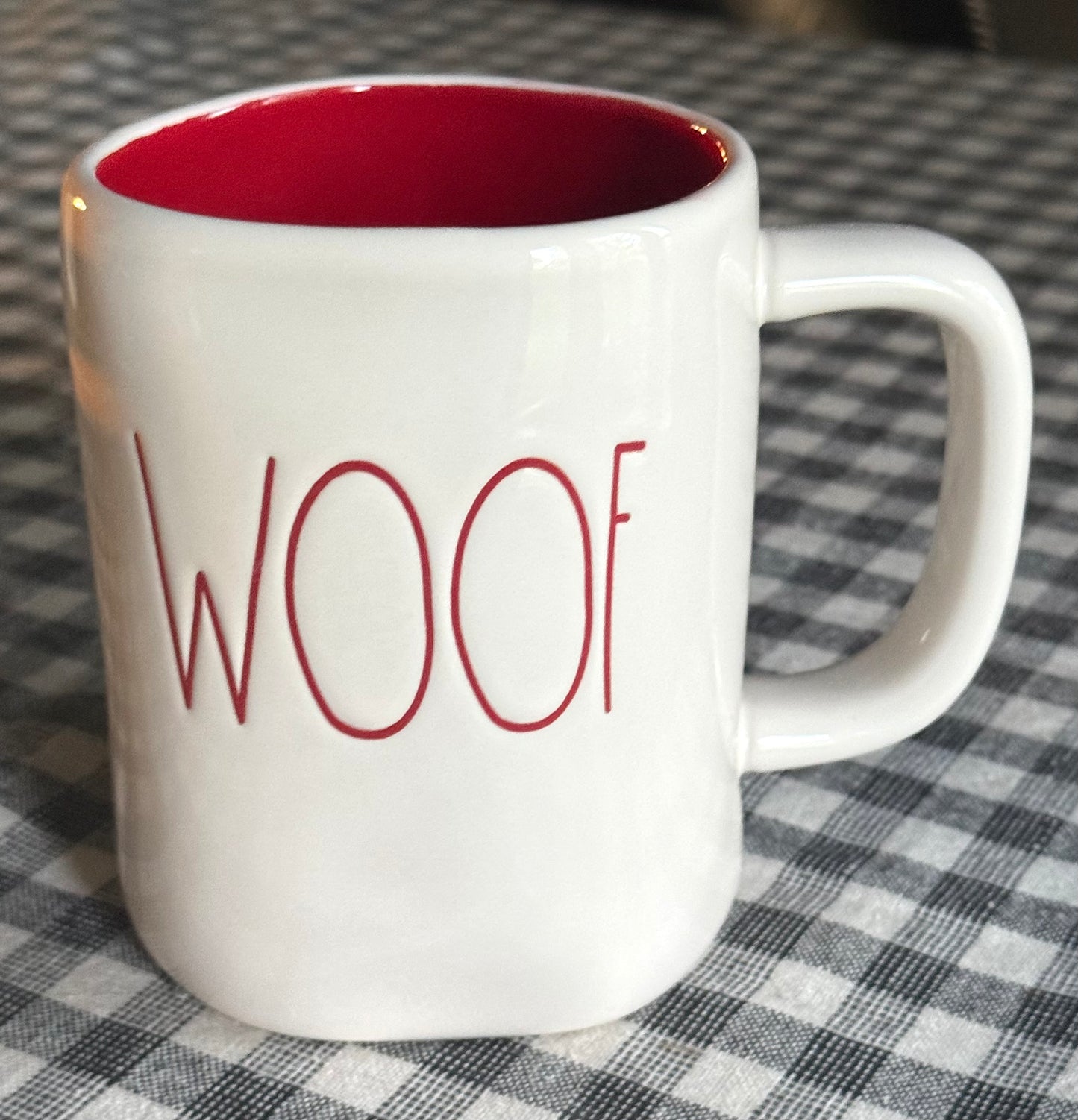 New Rae Dunn white ceramic coffee mug WOOF -red interior/writing