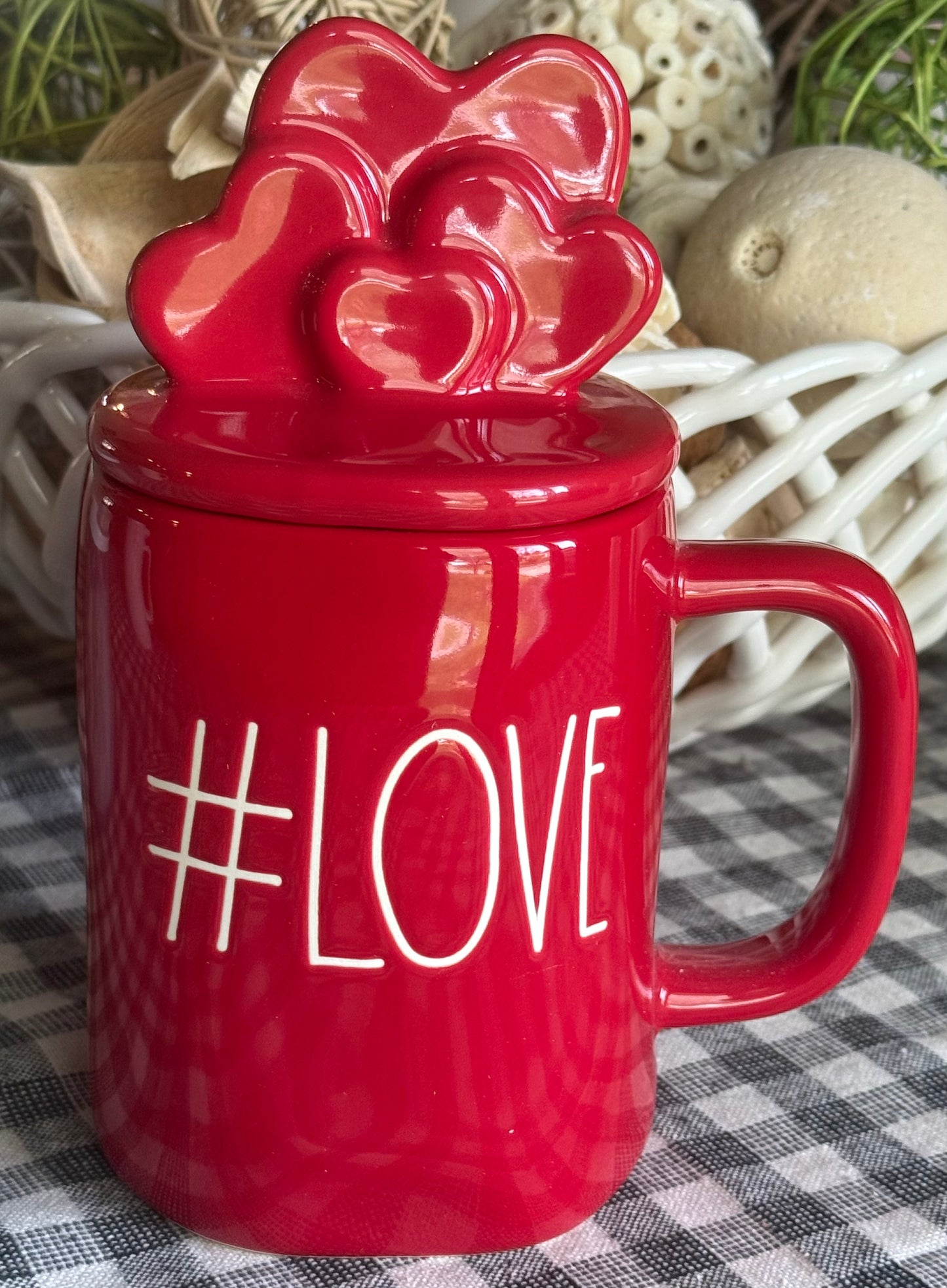 New Rae Dunn red ceramic coffee mug with hearts topper #LOVE