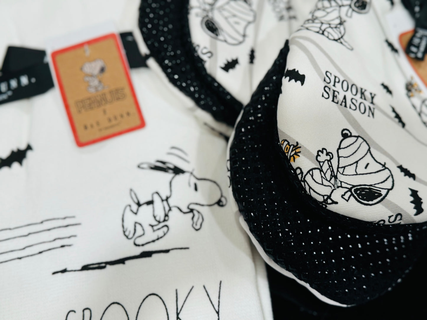 New Rae Dunn x Peanuts Snoopy kitchen Halloween baking set 2 Dish towels & 2 pot holders SPOOKY SEASON