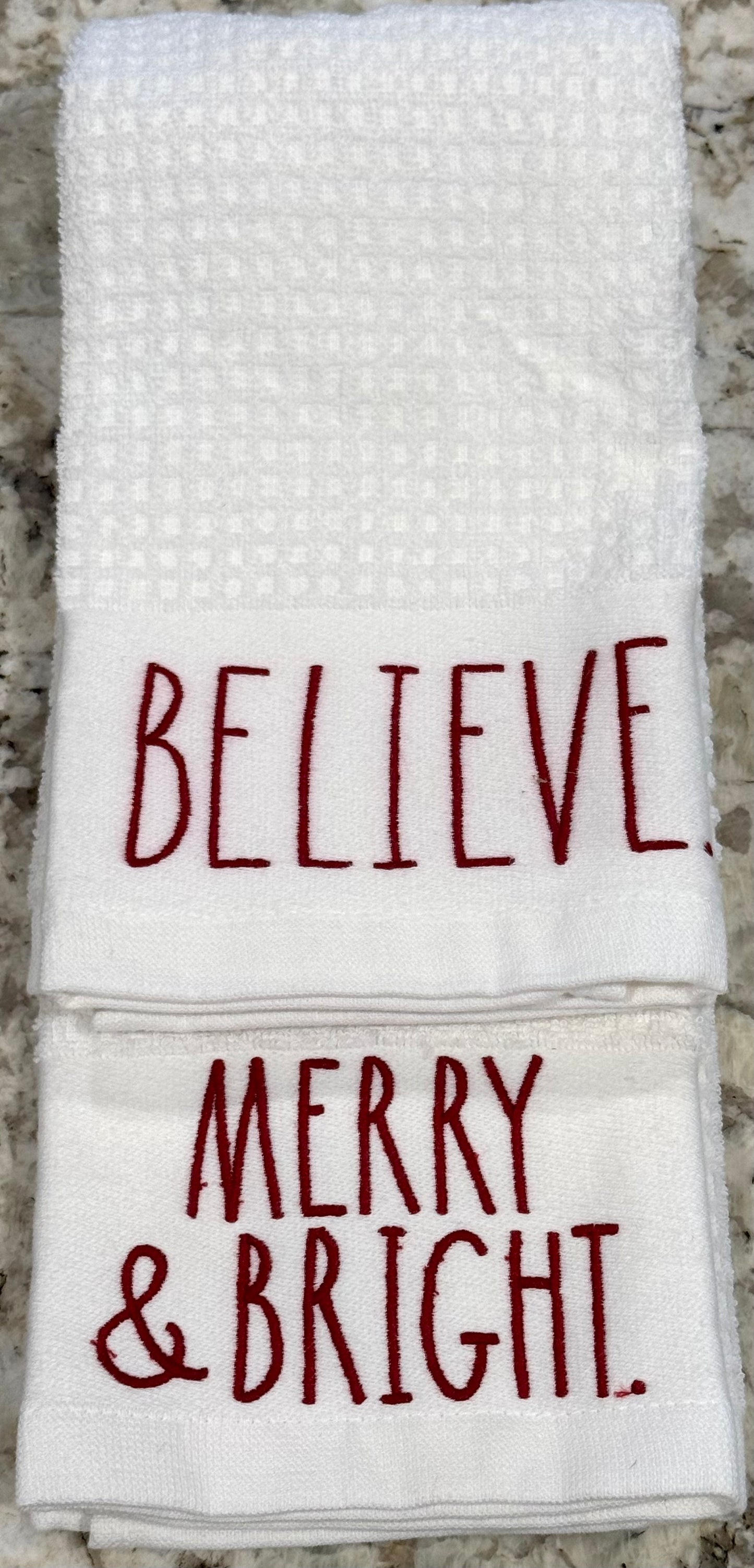 New Rae Dunn 2-piece white kitchen dish towel set MERRY/BELIEVE