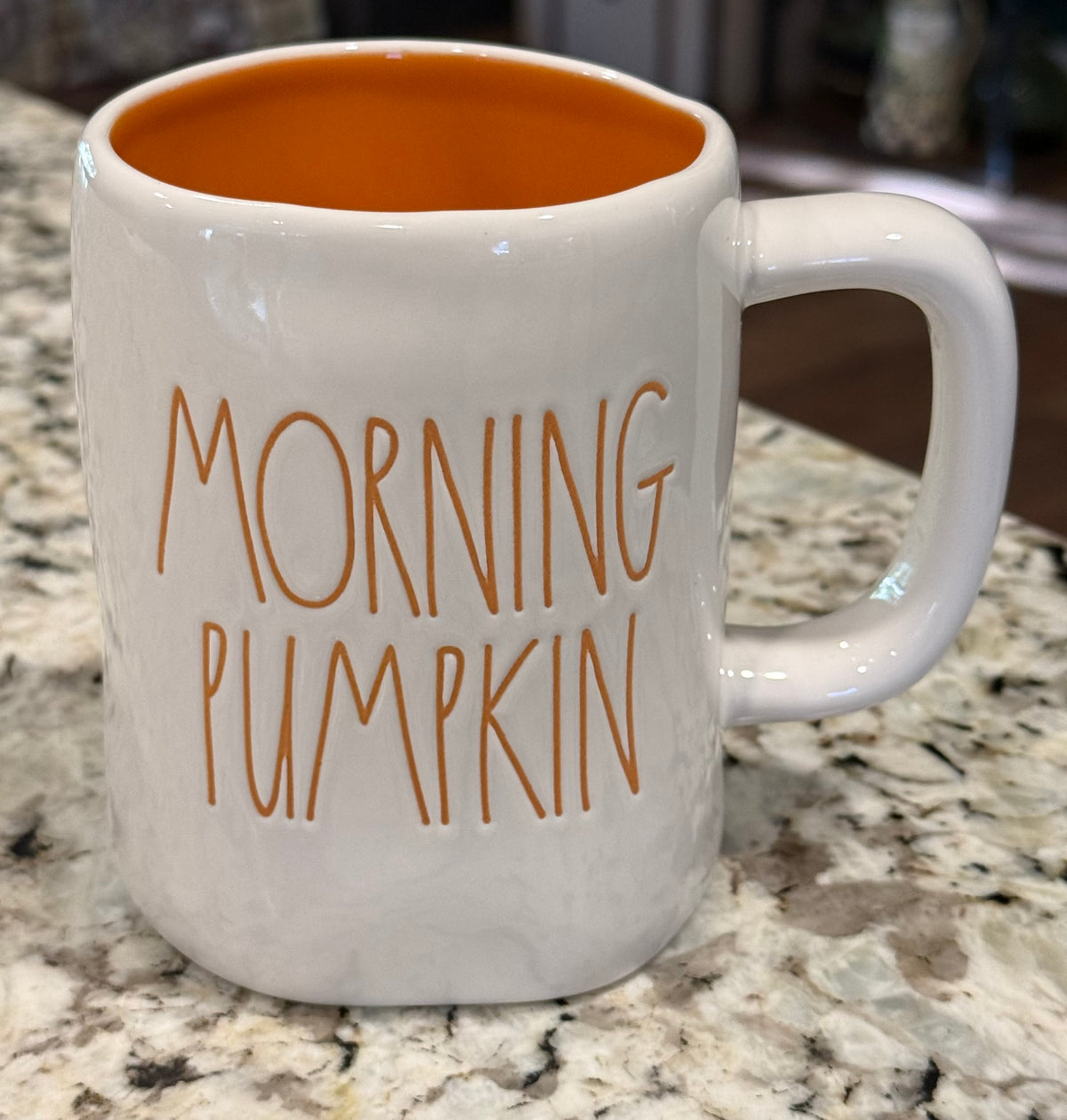 New Rae Dunn white ceramic fall MORNING PUMPKIN mug-orange writing