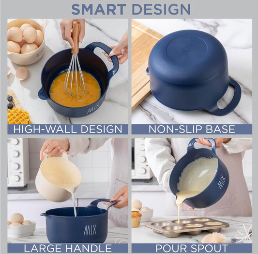 Rae Dunn Non-Slip Mixing Bowls - 4 Piece Nesting Plastic Mixing Bowl Set with Pour Spouts and Handles-Measurement Markings (blue)