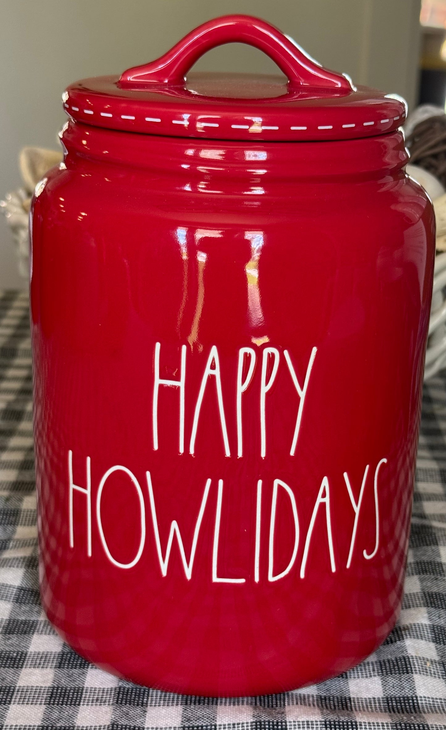 New Rae Dunn red ceramic Christmas decor canister treats holder HAPPY HOWLIDAYS