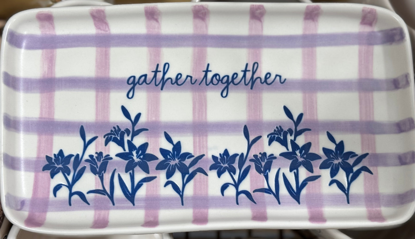 New Rae Dunn checkered Taupe GATHER TOGETHER script plate purple