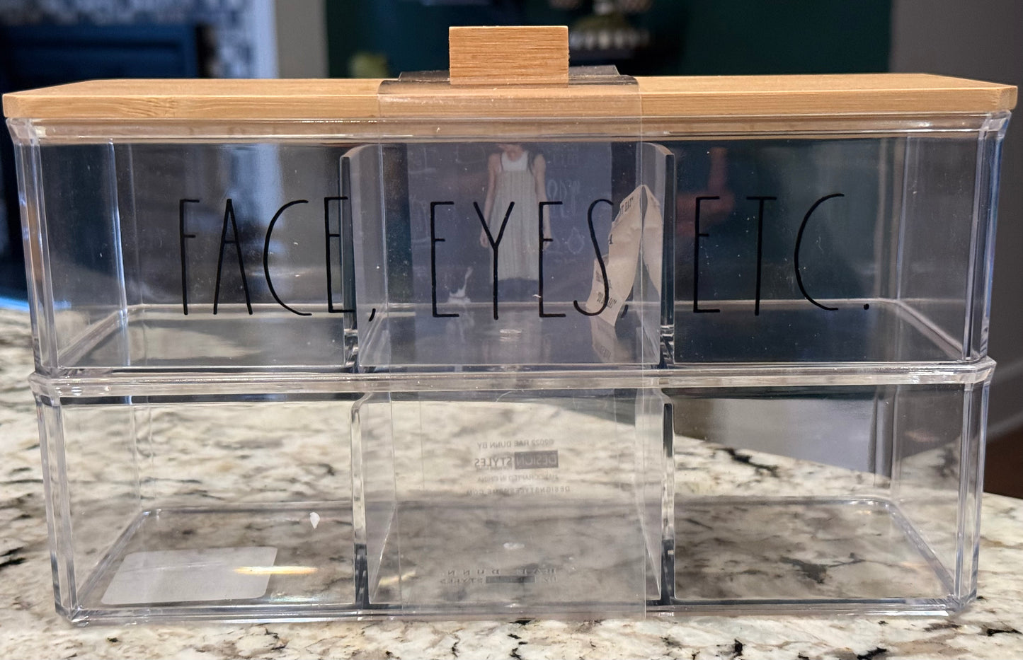 New Rae Dunn wood lid clear plastic accessory storage box FACE EYES LIPS.