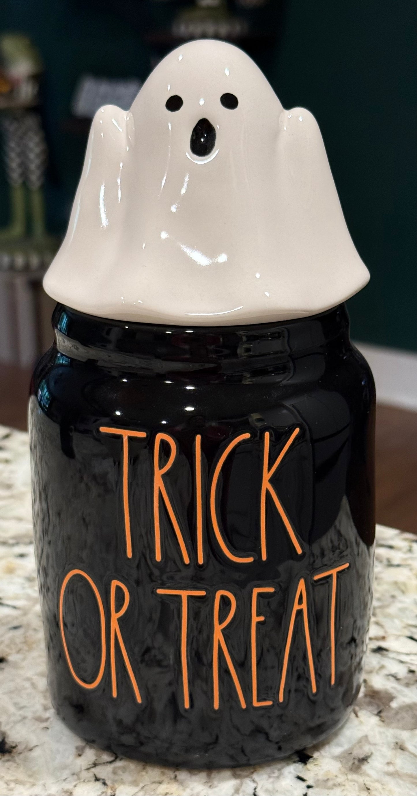 New Rae Dunn black iridescent ceramic ghost topped Halloween canister decor TRICK OR TREAT