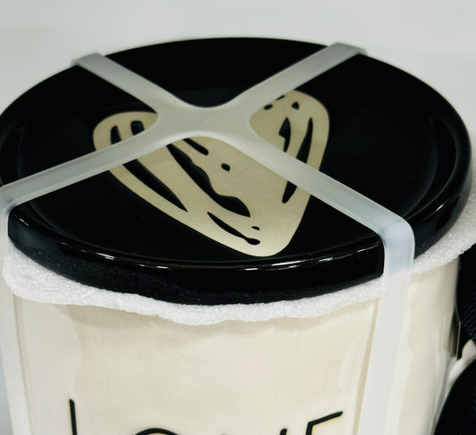 New Rae Dunn white ceramic lidded coffee mug with engraved hearts LOVE