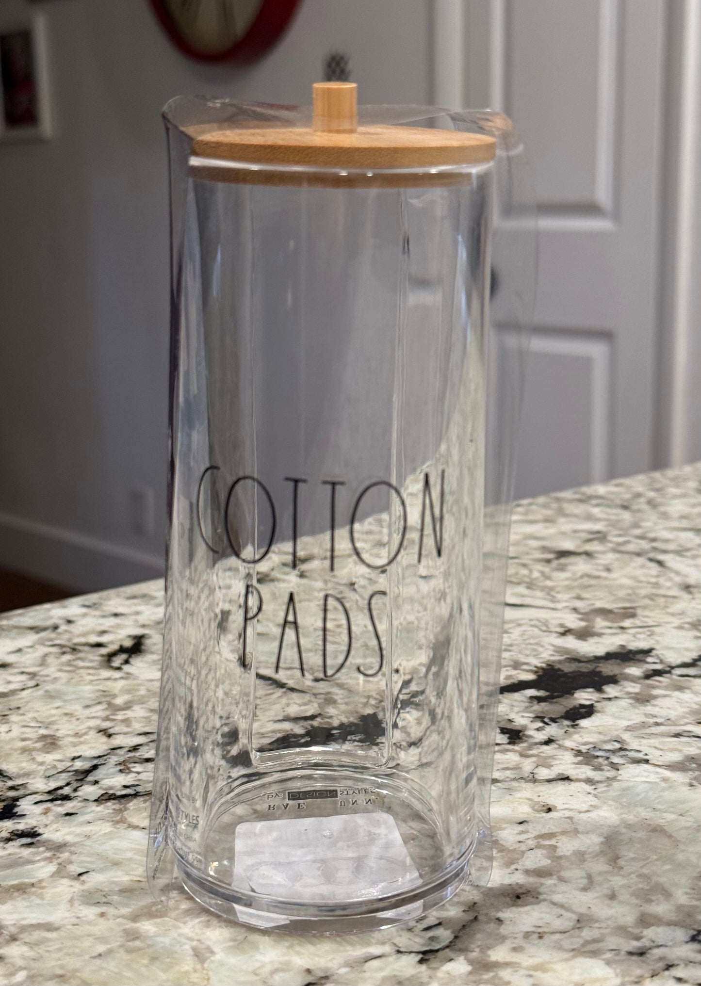 New Rae Dunn wood lid clear plastic accessory storage tower for COTTON PADS.