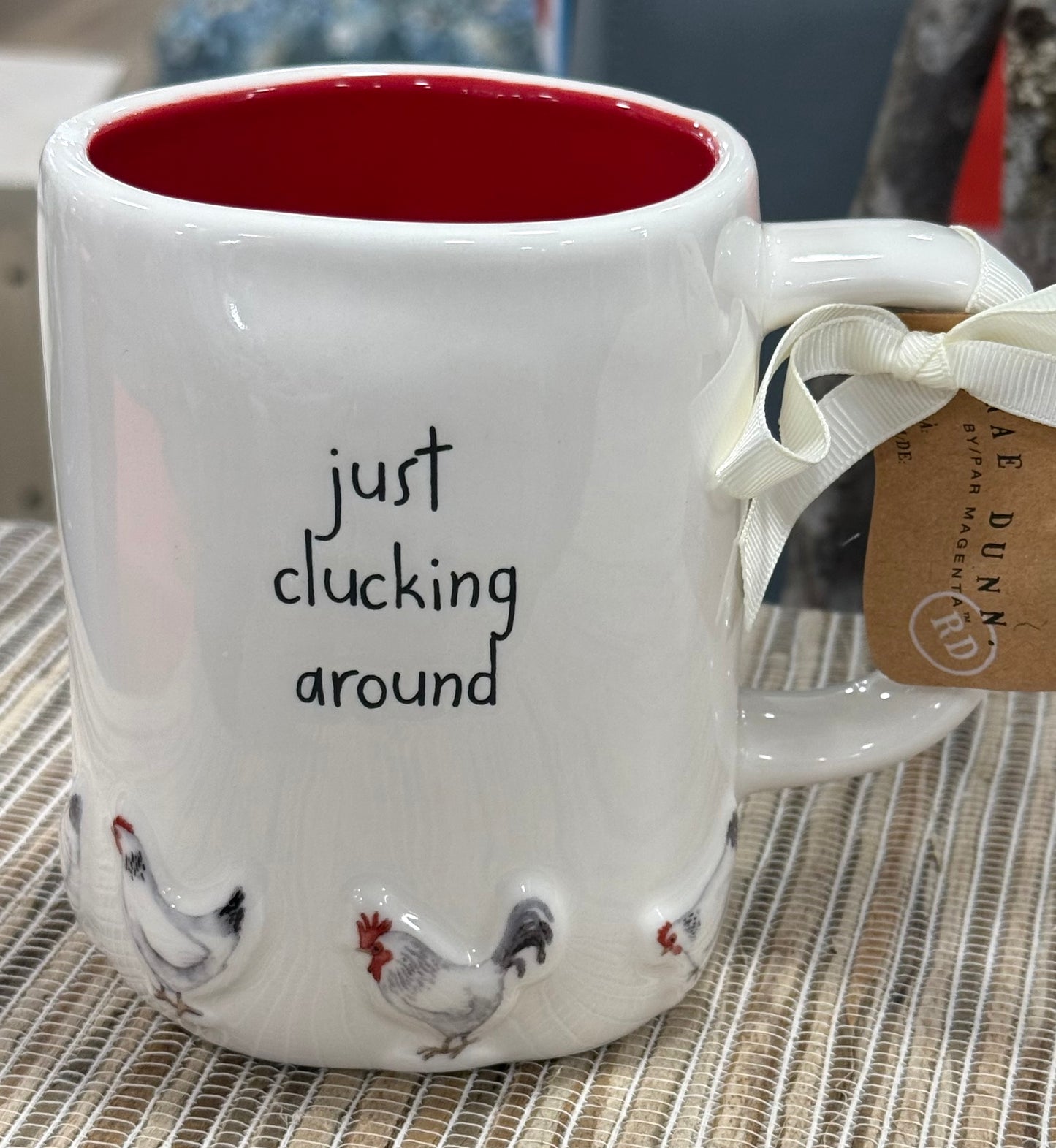 New Rae Dunn Farmline ceramic coffee mug JUST CLUCKING AROUND