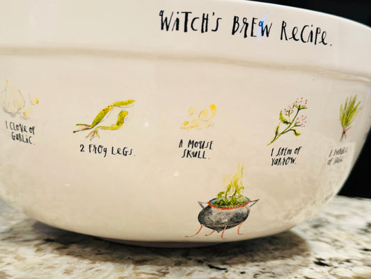 New Rae Dunn white ceramic Halloween bowl decor WITCHES BREW RECIPE. script