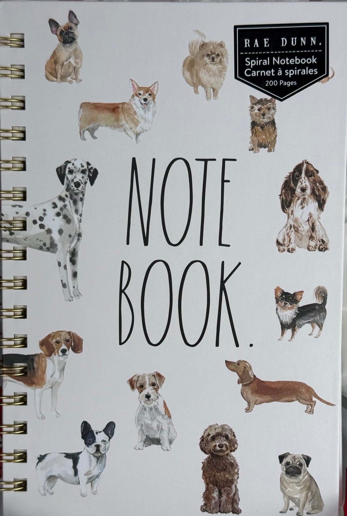 New Rae Dunn 8x10 hardvack spiral NOTEBOOK dog theme