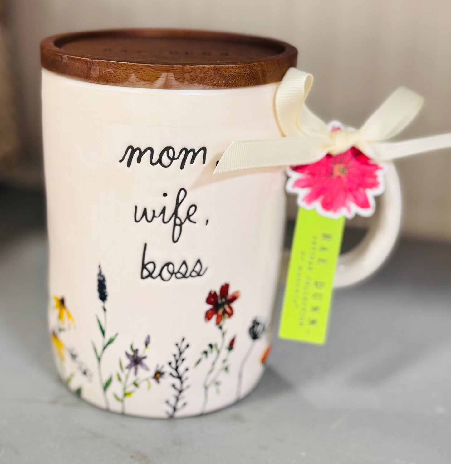 New Rae Dunn white ceramic floral coffee mug MOM WIFE BOSS