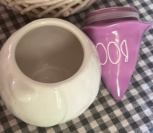 New Rae Dunn white/purple ceramic Halloween decor 8” gnome cookie jar BOO